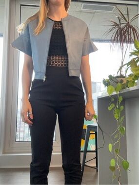 Lamarque Slate Blue Cropped Leather Jacket